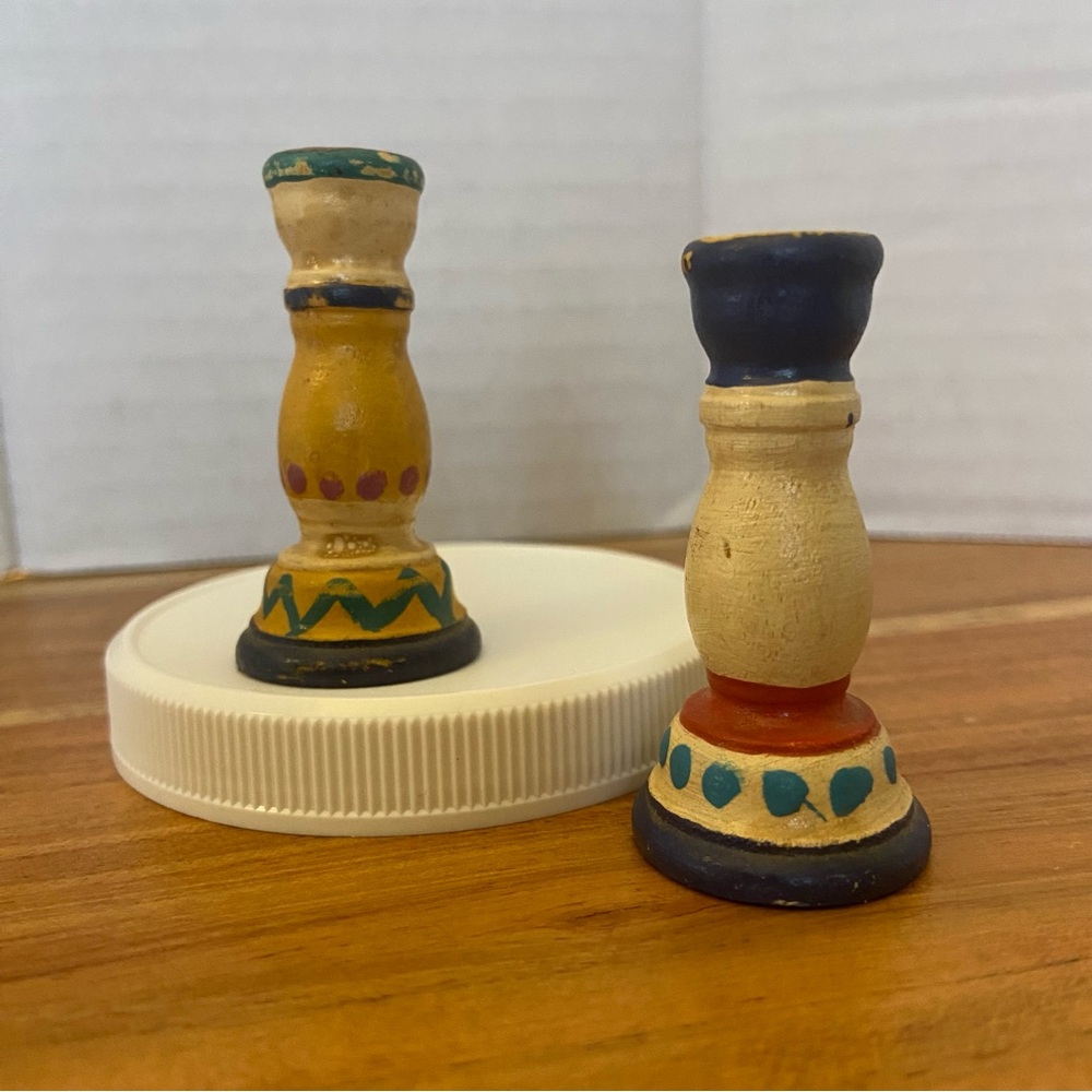 Pair Of Miniature Wood Candlesticks - Vintage? - Antique?- Hand Painted Trinket